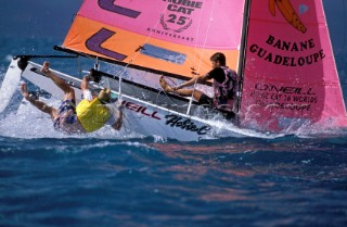 Crew member falling from Hobie Cat in rough conditions