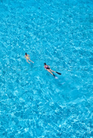 Two people snorkelling in clear shallow water  Caribbean