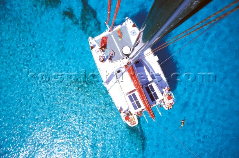 Charter catamaran in Akans Key Anchorage in the Bahamas