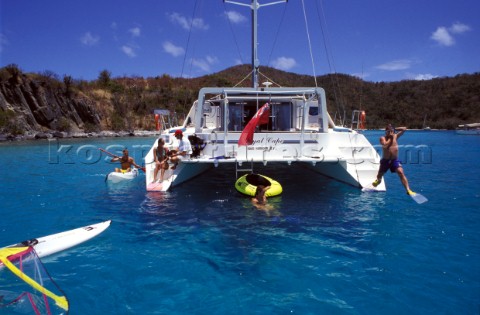 Charter guests enjoy a vacation on the Royal Cape catamaran Caribbean
