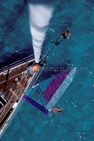 Masthead shot of cruising yacht at anchor