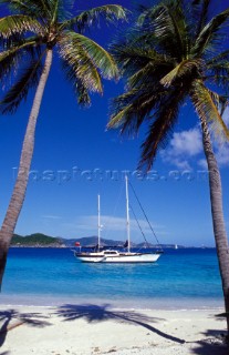 Yacht at anchor off tropical beach  Cruising yacht anchored off beach in shallow water, Caribbean.