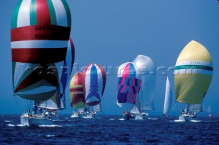 Fleet of Swan  yachts racing down wind under colourful spinnakers