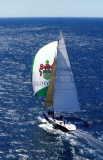 Morning Glory sailing down wind under spinnaker at the Rothmans Cup 1995, Cape Town, South Africa