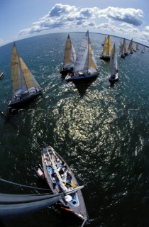 Masthead view of yachts racing in the Solent, UK
