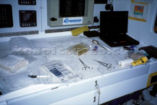 Injured Pete Goss operating on his own arm during the Vendee Globe 1996-7