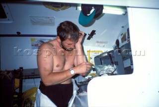 Pete Goss - Medical Operation Vendee Globe 96/7 Injured Pete Goss operating on his own arm during the Vendee Globe