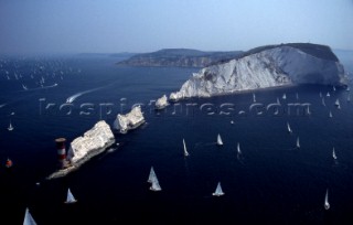 Aerial view of the Needles during the Round the Island Race, Isle of Wight, UK