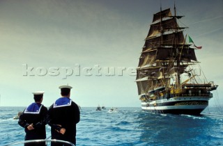 Classic tall ships Amerigo Vespucci of the Italian Navy Training Ship watched by two sailors