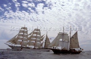 Tall Ships Sagres and Asgard II off the coast of Falmouth, UK