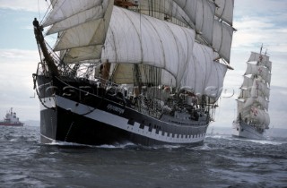 Tall ships Krusenstern and Sagres racing off the coast of Falmouth, UK