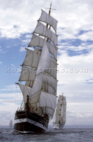 Tall ships Krusenstern and Sagres racing off the coast of Falmouth UK
