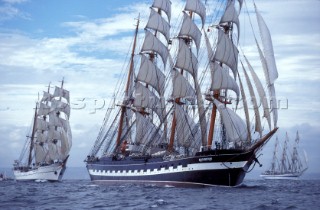 Three magnificent tall ships during the Cutty Sark Tall Ships race 1998