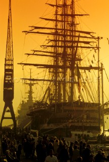 Tall Ship Vespucci at sunset in the port of Genoa, Italy