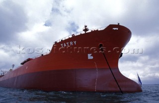 Bow of anchored oil tanker