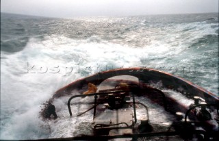 Bow of commercial ship in rough seas