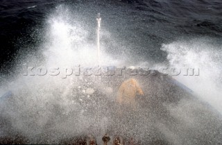 Bow of Commercial Ship In Rough Seas