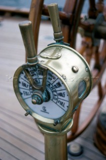 Detail of engine telegraph on classic yacht