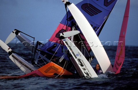Two Hobie Cats collide and capsize