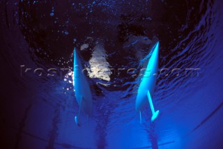 Model yachts racing in a blue swimming pool shot from underwater with lighting, showing keels and rudders