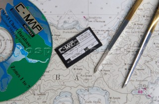 Sea chart and navigational aids.