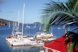 Yachts moored at the dock of the Bitter End Yacht Club in Virgin Gorda, BVI