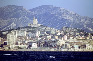 View of town on the Itlian Riviera on the Mediterranean with the Alps  behind