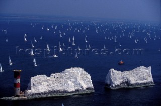 Aerial view of fleet of sailing yachts during the Round the Island Race 1992