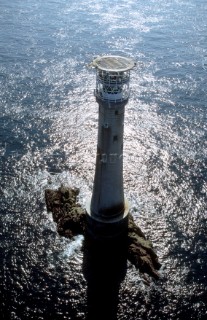 Aerial view of Bishop Rock lighthouse off the coast of Cornwall, UK