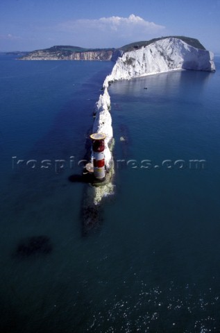 Lighthouse at the end of the Needles rocks on the Isle of Wight UK