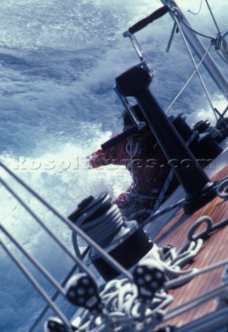 Leeward rail of racing yacht in rough seas