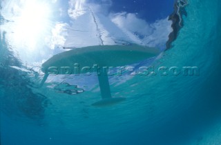 Underwater view of bulb keel and hull of yacht