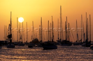 Moored boats in Simpson Bay at sunrise