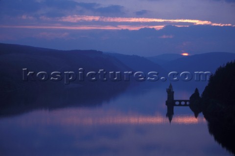 Lake Vyrnwy and hotel at sunset Llanwyddyn Wales UK 