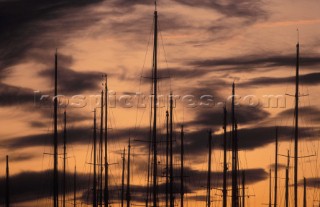Masts in a marina at sunset