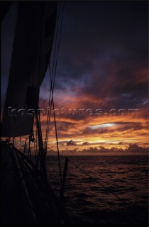 Sunrise from deck of sailing yacht