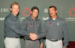 Geneve Suisse 24 November 2003. Presentation in Geneve of the Alinghi Team  Defender of the netx Americas Cup 2007. From left Jochen Schuemann, Russel Coutts and Peter Holberg. Americas Cup 2007 Valencia Announcement