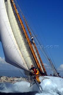 Cannes, France 25 September 2003. Prada Challenge for Classic Yachts - Regates Royales 2003. Third day - no racing for heavy wind conditions . Belle Aventure. Photo:Guido Cantini/