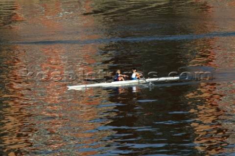 Two women in a Rowing scull on the River Thames  Rowing pair