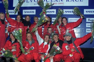 Cape Town South Africa - Volvo Ocean Race 2001/2002. 31 10 2001 Amer Sports Too all female crew celebrating on stage .