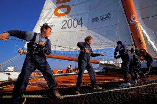 The first giant Orange maxi catamaran launched for The Race in 2000 by Bruno Peyron
