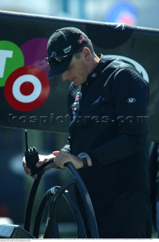 Team New Zealands skipper Dean Barker bows his head in disappointment after retiring from race one o