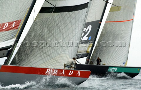 Italys Prada Challenge bowman Paolo Bassani prepares to set the spinnaker onboard Luna Rossa as they