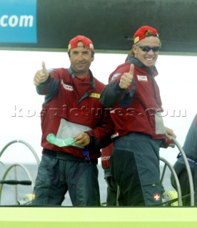 Frances Le Defi Areva skipper Philippe Mourniac right and tactican Luc Gelluseau celebrate their win over Swedens Victory challenge by thirty four seconds during the Louis Vuitton Cup, Quarter finals. Auckland, New Zealand. Nov, 16. 2002  (Photo credit: Sergio Dionisio/Kos Picture Source