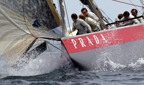 Prada Challenge bow crew perpare to set the spinnaker as they head for the top mark during the Louis