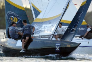 Australias Peter Gilmour of Pizza-La Sailing Team tacks behind New Zealands Chris Dickson of Team ORACLE BMW Racing during the finals to win the Investors Guaranty presentation of the King Edward VII Gold Cup 2003, Royal Bermuda Yacht Club, Hamilton, Bermuda. Oct, 26th. 2003   .