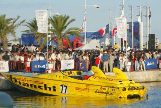 Powerboat P1 calm after the storm Ð Team Dino Biachi at rest alongside the Powerboat P1 VIP Village and Podium of the Grand Prix in Tunisia