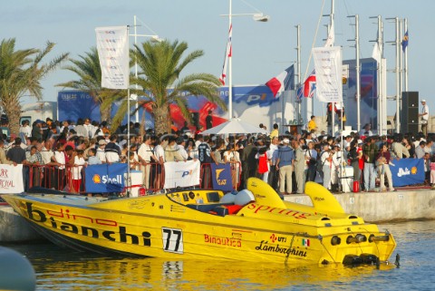 Powerboat P1 calm after the storm  Team Dino Biachi at rest alongside the Powerboat P1 VIP Village a