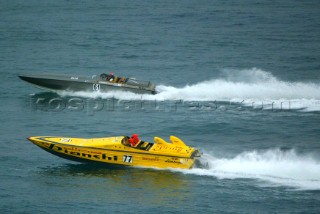 Powerboat P1 close racing between Apache and Lamborghini at the Grand Prix of Tunisia 2004