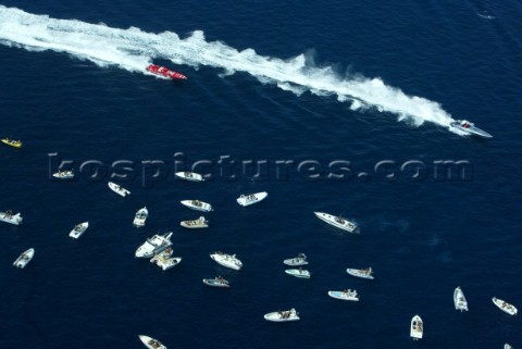 Just some of the 400 spectator boats enjoying the close action of the race leaders at the Grand Prix